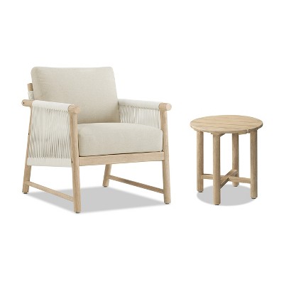 JTH Outdoor Grenada 2-Piece Acacia Lounge Chair & Table Patio Set, Sandy White All-Weather Olefin