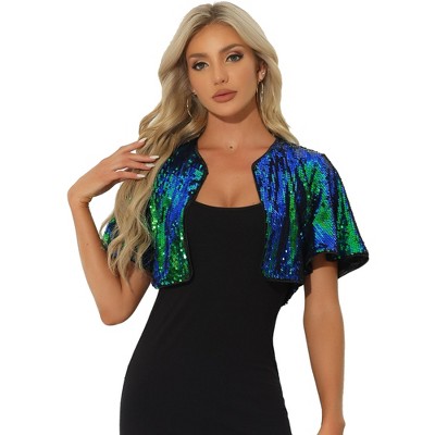 INSPIRE CHIC Women's Sequin Jacket Flared Sleeve Sparkly Bolero Crop Glitter Shrug