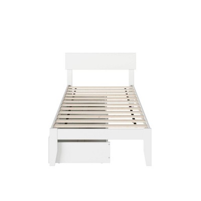 White Twin Wood Platform Bed with Storage Drawers and Upholstered Headboard