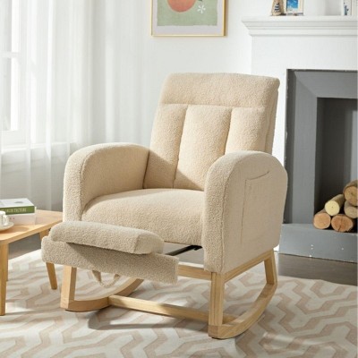 Modern Beige Accent Rocking Chair With Wood Legs,Upholstered Nursery Rocking Chair With Side Pocket & Leg Rest Rocker Recliners On Sale-Cuddlewood