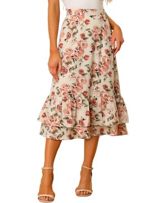 INSPIRE CHIC Women's Chiffon Elastic Waist Ruffle Tiered Flowy Midi Floral Printed Skirts