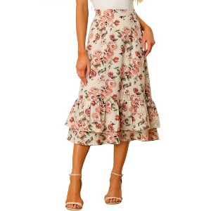 INSPIRE CHIC Women's Chiffon Elastic Waist Ruffle Tiered Flowy Midi Floral Printed Skirts - 1 of 4