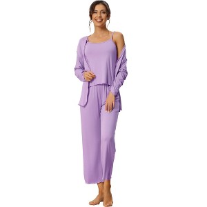 cheibear Women's 3 Pcs Modal Knit Soft Long Sleeve Cardigan Cami and Pants Pajama Set - 1 of 4