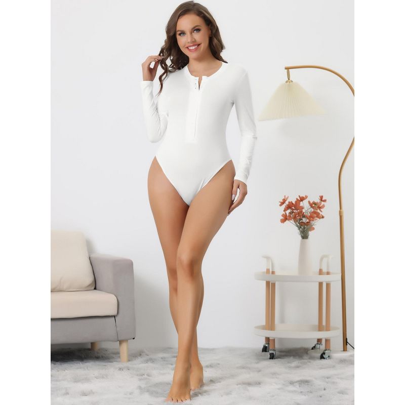 Allegra K Women's Full Button Crew Neck Long Sleeve Bodycon Romper Stretchy Body Shapers, 4 of 5