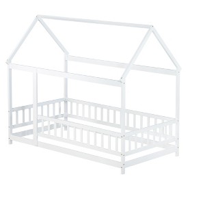 Bellemave Twin Size House Floor Bed, Wooden Montessori Bed Frame with Fence and Roof for Kids, Boys and Girls, White - 1 of 4