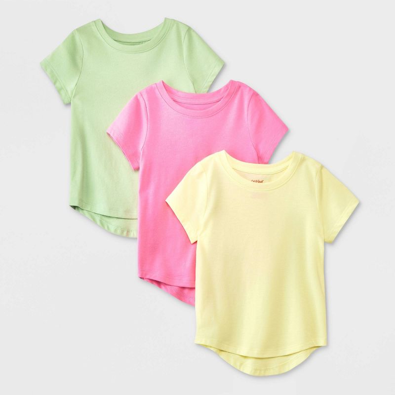 Toddler Girls' 3pk Solid Short Sleeve T-Shirt - Cat & Jack™ Pink/Green/Yellow, 1 of 5