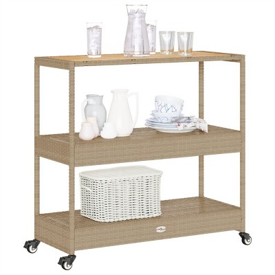 Bar Cart 3-Tier Poly Rattan and Solid Wood Acacia