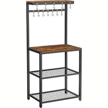 VASAGLE ALINRU Kitchen Bakers Rack Cupboard with 10 Hooks, Mesh Panel, 3 Shelves, and Adjustable Feet, for Microwave Oven