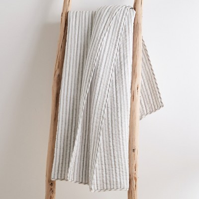 Nautical Stripe Taupe and White Reversible Cotton Quilted Throw 50x60in
