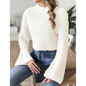Women's Mock Neck Sweater Bell Sleeve Short Crop Pullover Top For Fall And Winter - 1 of 4