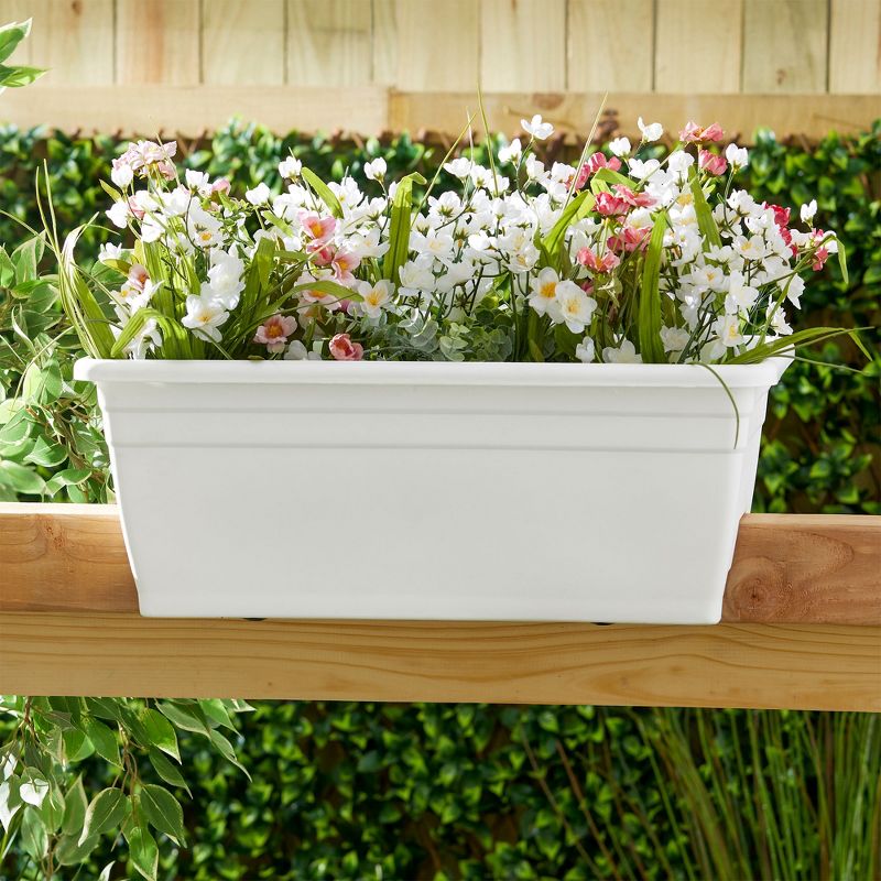 The HC Companies 24 Inch Wide Heavy Duty Plastic Deck Rail Mounted Garden Flower Planter Box with Removable Drainage Plugs, White, 6 of 8