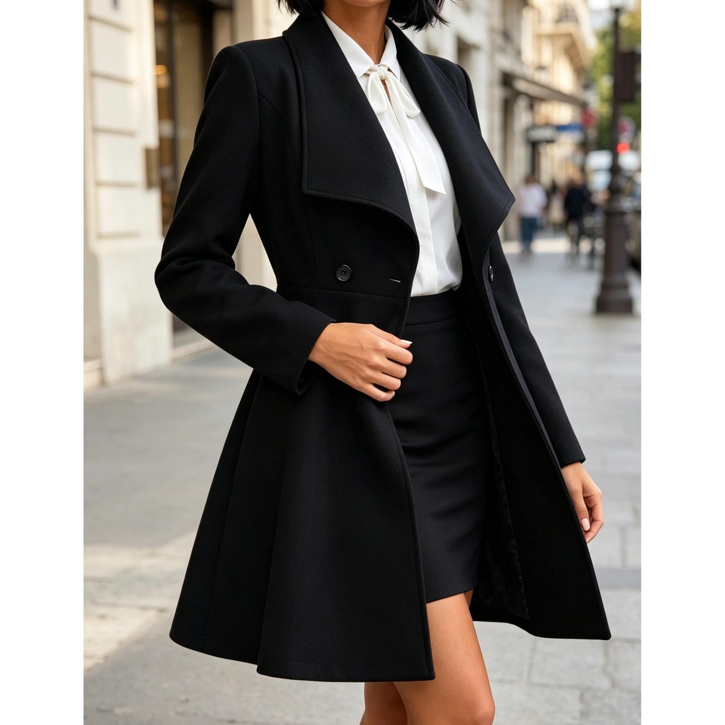 Женское пальто YesFashion Women Lapel Collar Wool Blend Coat, Mid‑Length Single Breasted Trench Overcoat, Slim Fit Long Sleeve Outerwear, S, Black, цвет: Чёрный — фото 4