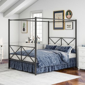 SeaCamel Queen Industrial Canopy Bed - Black Metal Frame with X-Shaped Headboard & Sturdy Slat Support, No Box Spring Needed - 1 of 4