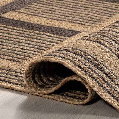 Handmade Geometric Braided Jute Rectangular Area Rug, 8' x 10', Natural and Black