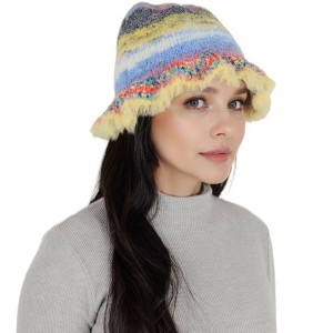 Anna-Kaci Colorful Striped Knit Bucket Hat Fluffy Trendy Winter Lightweight Foldable Crochet Fisherman Hat for Women - 1 of 4