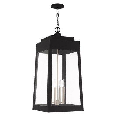 Sleek Tapered Black Brass Outdoor Pendant with Clear Glass Panels