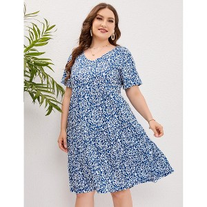 Women's Plus Size V Neck Short Sleeve A Line Ruffle Hem Babydoll Flowy Dress - 1 of 4