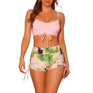 Elerevyo Women's Drawstring Push Up Top Tropical Print High Waist Shorts Swimwear Bathing Suits 2 Pcs - 1 of 4