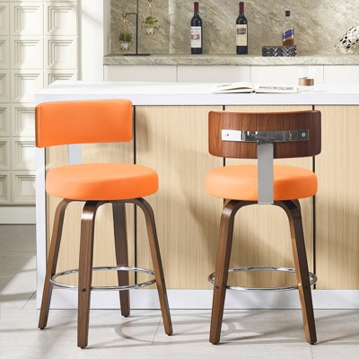Bekrvio 26" Faux Leather Swivel Bar Stools Set of 1/2/3/4,Mid Century Modern Counter Chairs with Wood Legs and Curved Back for Kitchen Island
