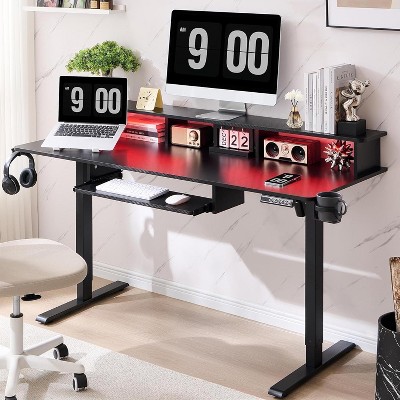 SinCiDo Height Adjustable Electric Standing Desk with Charging Station, 60" Sit Stand Up Computer Home Office Desk with LED Lights, Carbon Fiber Black