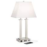 Possini Euro Design Amity Modern Table Lamp 26" High Brushed Nickel with USB and AC Power Outlet in Base White Linen Shade for Bedroom Bedside Desk