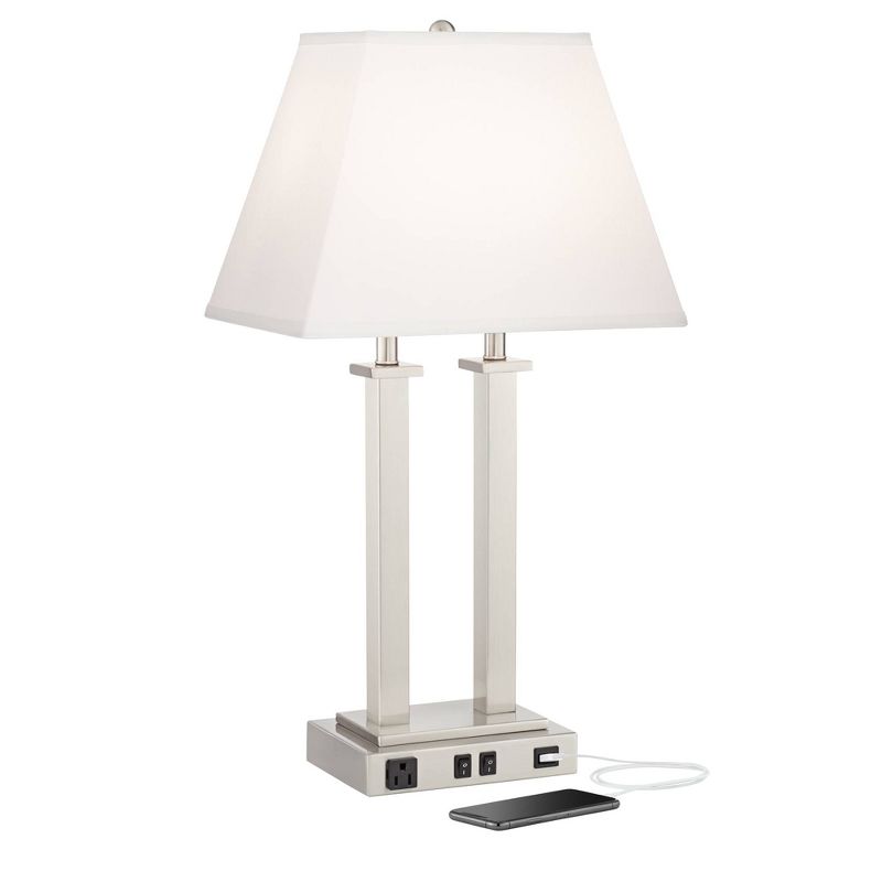 Possini Euro Design Amity Modern Table Lamp 26" High Brushed Nickel with USB and AC Power Outlet in Base White Linen Shade for Bedroom Bedside Desk, 1 of 10
