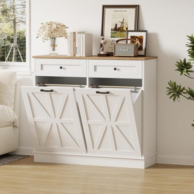 Tilt Out Trash Cabinet 20 Gallon,Hidden Wooden Trash Can Cabinet, Farmhouse Laundry Hamper Cabinet