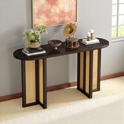 Mshliw Farmhouse Rattan Entryway Table, Oval Console Table with Cross Frame Support, Dining Table for Hallway, Living Room, or Foyer