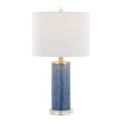 Bijou Blue Ceramic Table Lamp with White Shade and Crystal Base
