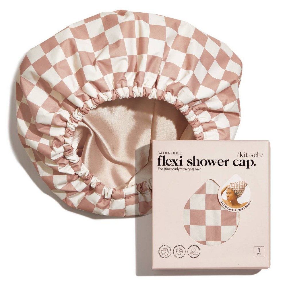 Photos - Hair Styling Product Kitsch Satin Lined Flexi Shower Cap - Terracotta Checker