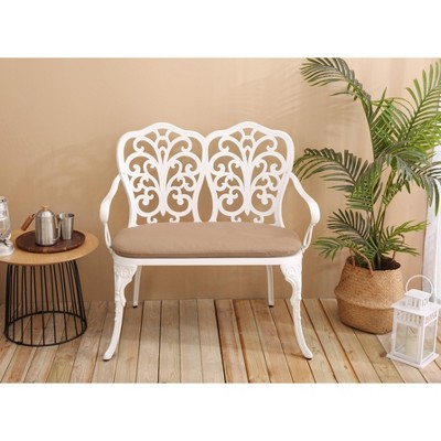 DOMETOUR Patio Garden Bench Metal Park Bench Cast Aluminum Outdoor Furniture with Floral Rose for Patio,Park,Lawn,Yard with cushion white