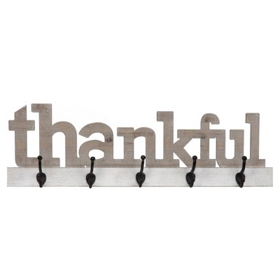 10" Thankful Wood Cut Out Wall Sign with Hooks Off White/Gray - Patton Wall Décor