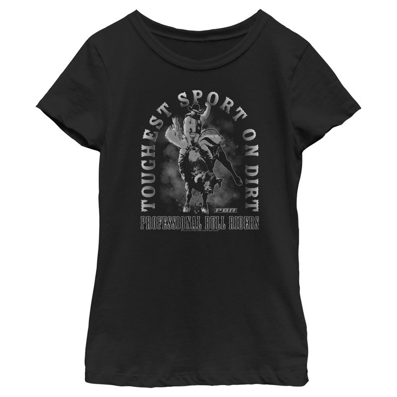 Girl's Professional Bull Riders Toughest Sport on Dirt Black and White T-Shirt, 1 of 5