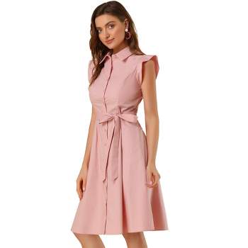 Allegra K Women's Cotton Shirtdress Work Office Ruffled Sleeveless Dress with Belt Pink Medium