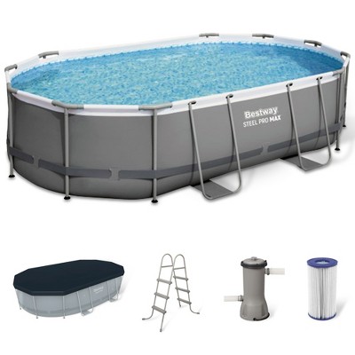 Bestway Power Steel Oval Metal Frame Above Ground Outdoor Backyard Swimming Pool Set with Filter Pump, Ladder, and Pool Cover
