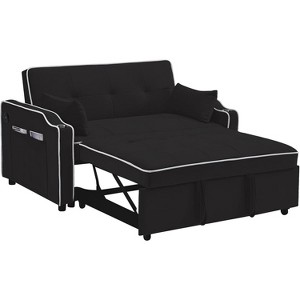 Black 3-in-1 Velvet Sleeper Sofa - Pullout bed with USB port, cupholder, adjustable backrest & pillows for living room. - 1 of 4