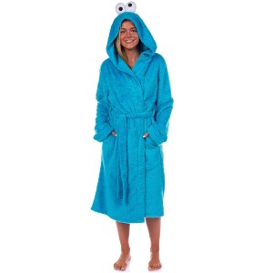 Sesame Street Robe Cookie Monster Adult Faux Fur Hooded Bathrobe - 1 of 4