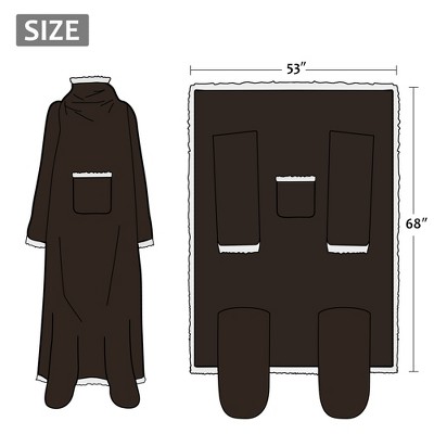 Brown Sherpa Fleece Wearable Blanket with Sleeves and Foot Pockets