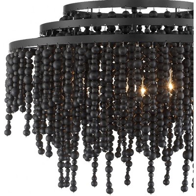 Matte Black Crystal Cascade 6-Light Chandelier with Black Wood Beads