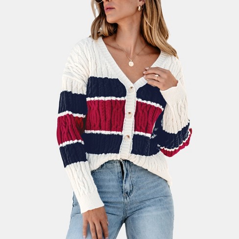 Women's Striped Cable Knit Button-Front Cardigan - Cupshe - image 1 of 4