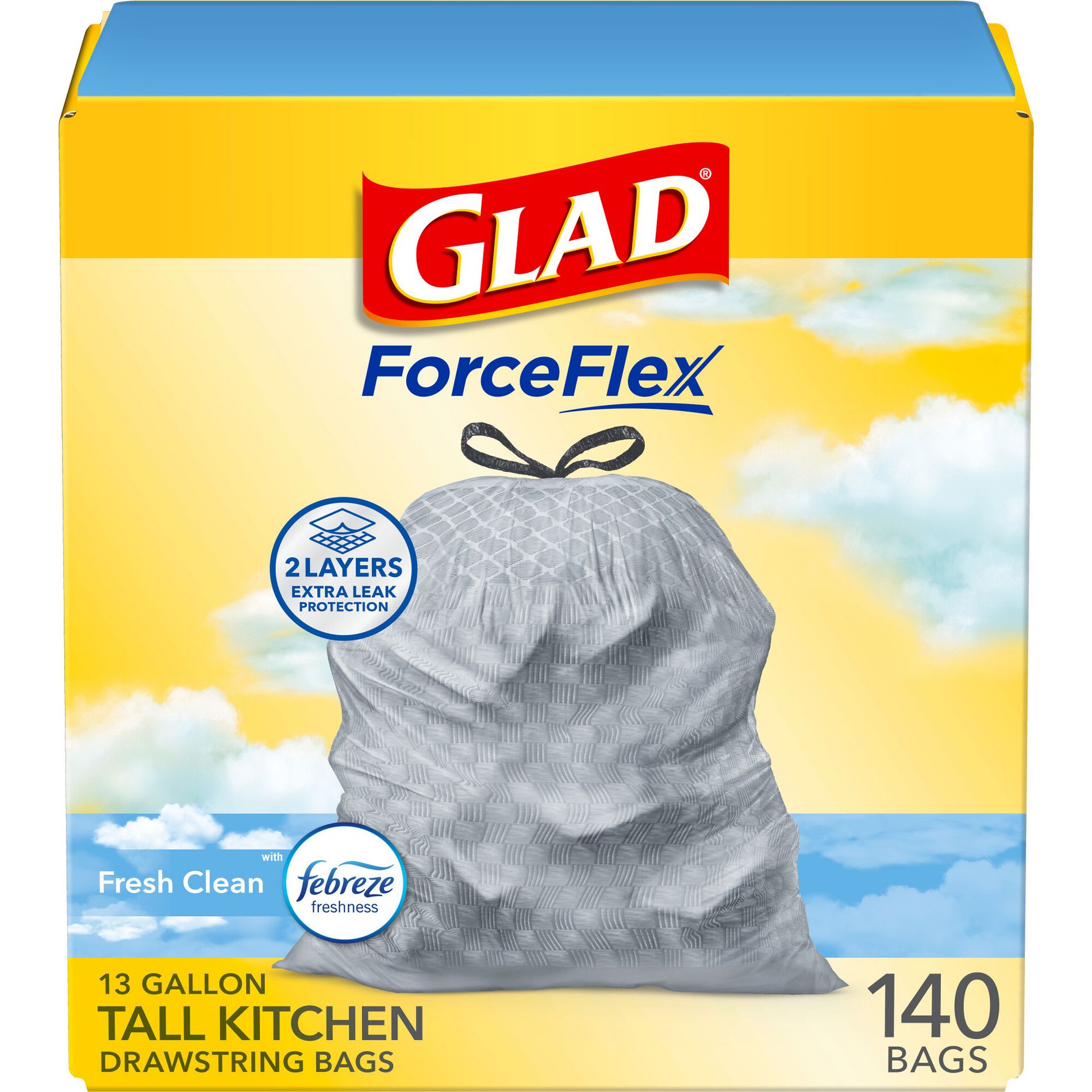 Glad ForceFlex Drawstring Trash Bags - Febreze Fresh - 13gal/140ct