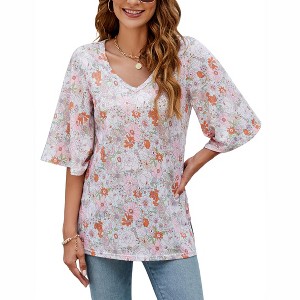 Women's 3/4 Bell Sleeve Shirt Loose Fit V Neck Blouse Cute Tops - 1 of 4