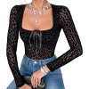 Women's Embroidered Tie-Front Bodysuit Sheer Black Long-Sleeve Lingerie for a Chic Look - 3 of 4