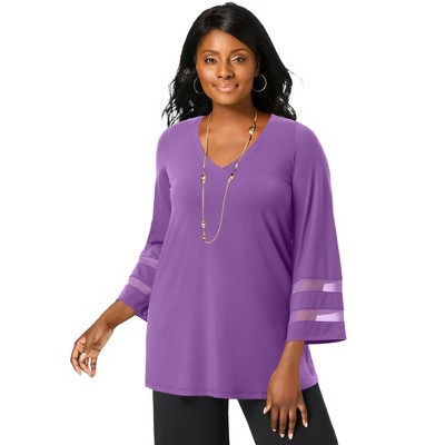 Jessica London Women's Plus Size Stretch Knit Mesh Inset Sleeve Tunic