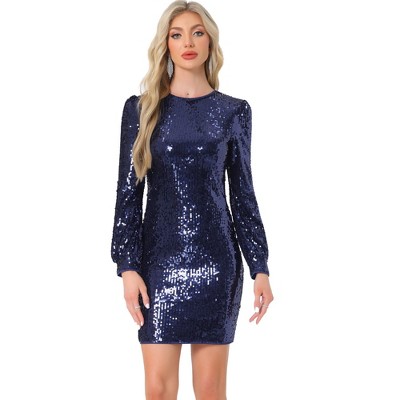 INSPIRE CHIC Women's Sequin Lantern Long Sleeve Sparkle Bodycon Party Club Mini Dress