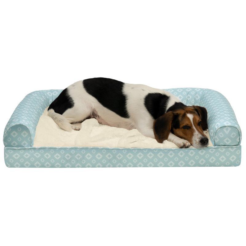 FurHaven Plush Fur & Diamond Print Nest-Top Full Support Orthopedic Foam Sofa Dog Bed, 1 of 4