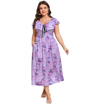 Women's Plus Size Maxi Dress Flutter V Neck Sleeveless Flowy Boho Floral Print Summer Casual Wedding Party Formal Dresses