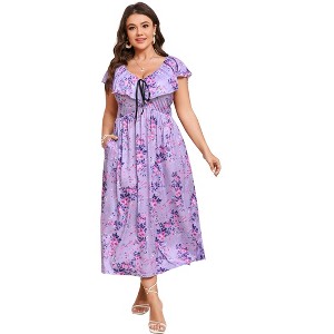 Women's Plus Size Maxi Dress Flutter V Neck Sleeveless Flowy Boho Floral Print Summer Casual Wedding Party Formal Dresses - 1 of 4