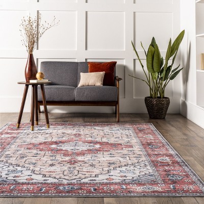 Rustic Red 5' x 8' Transitional Medallion Washable Rug