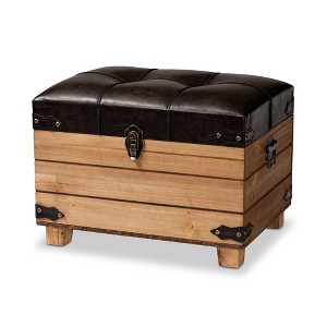 Baxton Studio Edmund Rustic Faux Leather Upholstered and Wood Storage Ottoman Dark Brown/Oak Brown: Wool Interior, No Assembly Required - 1 of 4